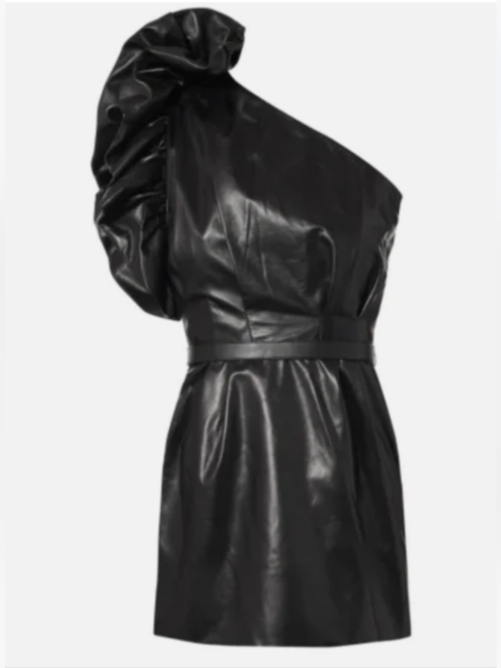 Nour Hammour One-Shoulder Black Leather Ruffle Mini Dress Size Fr 36/US Small - Picture 2 of 11